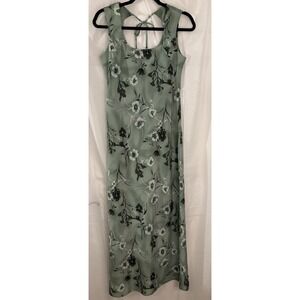 Vintage DBY Women's Green Floral Dress Square Neck tie back Midi Sleeveless Sz 7